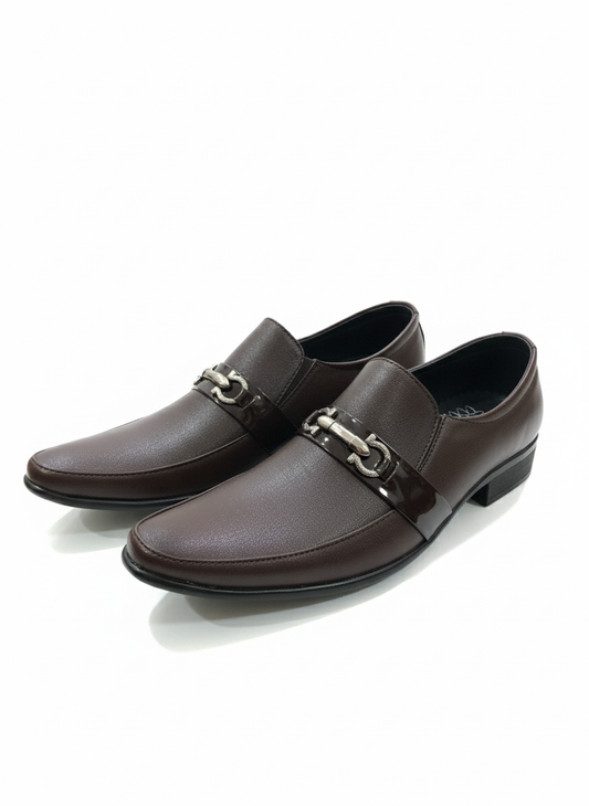 brown textured slip-on with the silver metal buckle