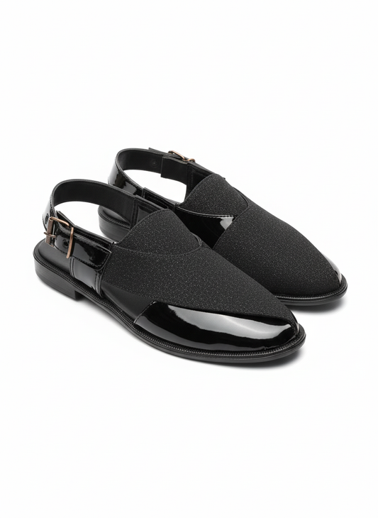 Black Textured Leather Kaptaan Chappal (or Zalmi Style Peshawari Sandal)