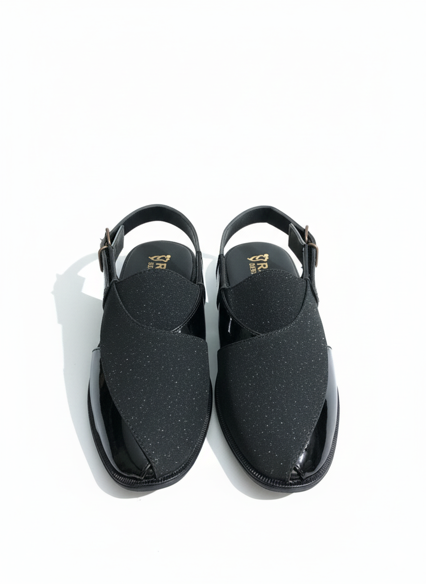 Black Textured Leather Kaptaan Chappal (or Zalmi Style Peshawari Sandal)
