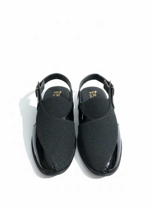 Black Textured Leather Kaptaan Chappal (or Zalmi Style Peshawari Sandal)